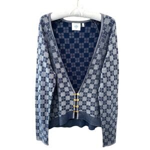 ANTHROPOLOGIE HWR Cotton Silk Blue Checkered Button Front Cardigan Sweater Large